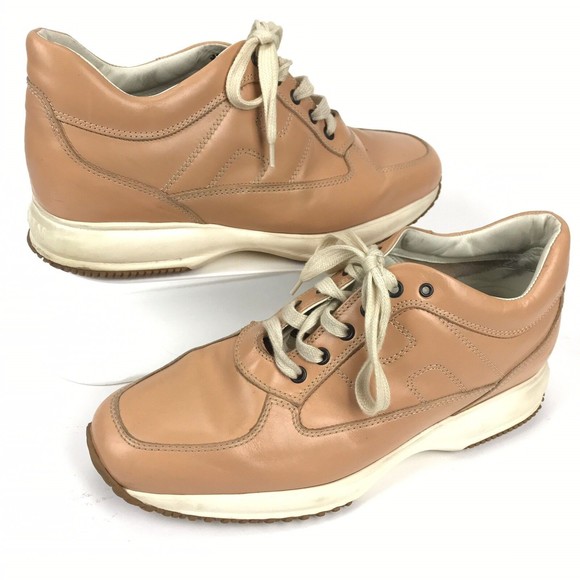 HOGAN INTERACTIVE Nude Brown Leather Sneakers Thick Sole Shoes